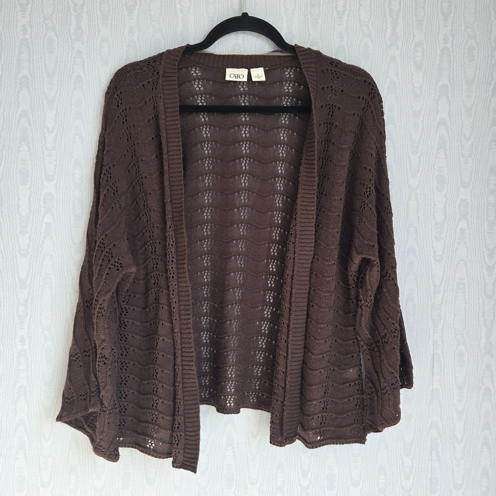 Cato Open Knit Cardigan Womens L Chocolate Brown 3/4 Sleeve Crochet Lace‎
